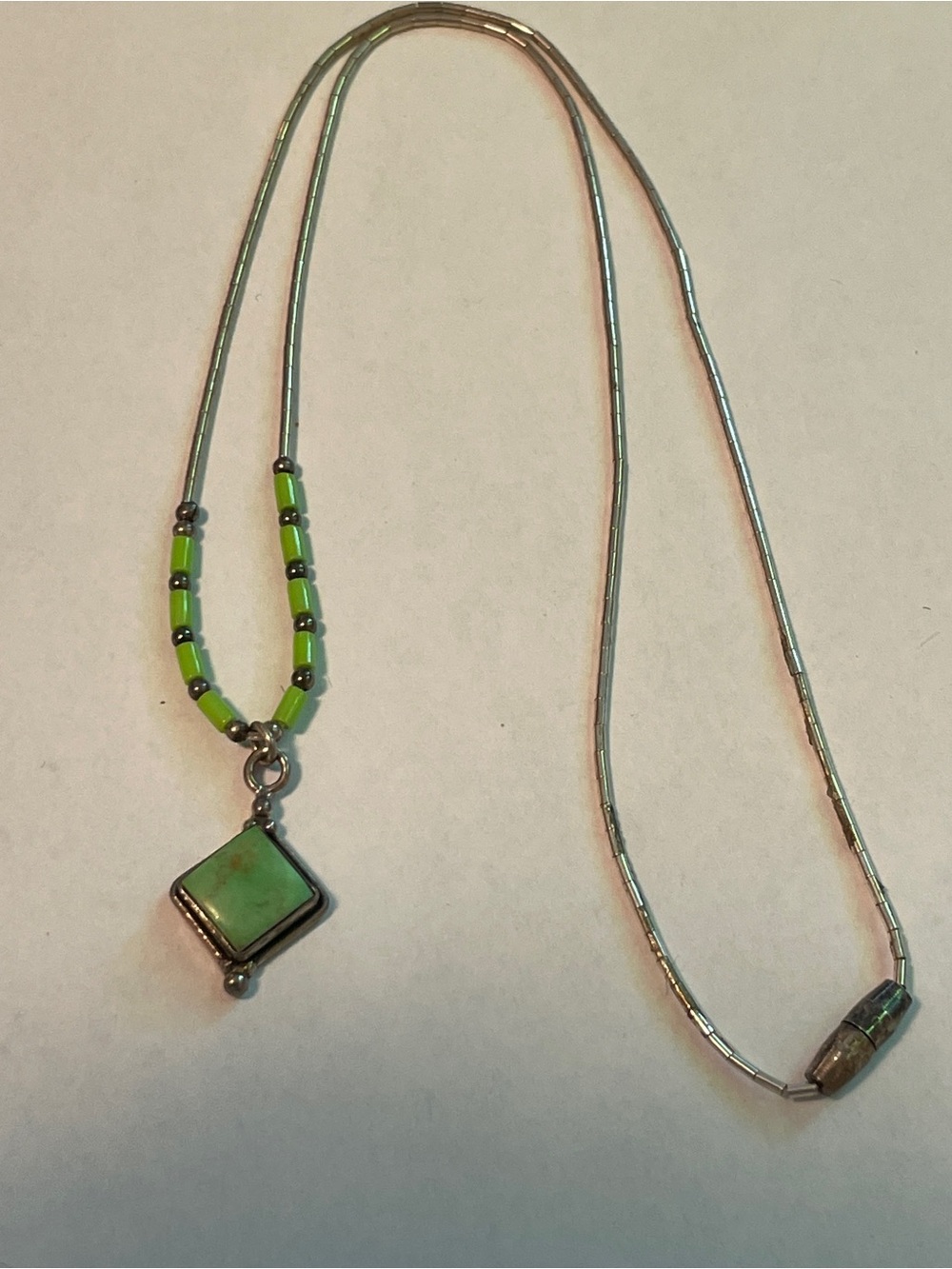 Vintage Liquid silver with green stone Beads And pendant, 16”, 4g